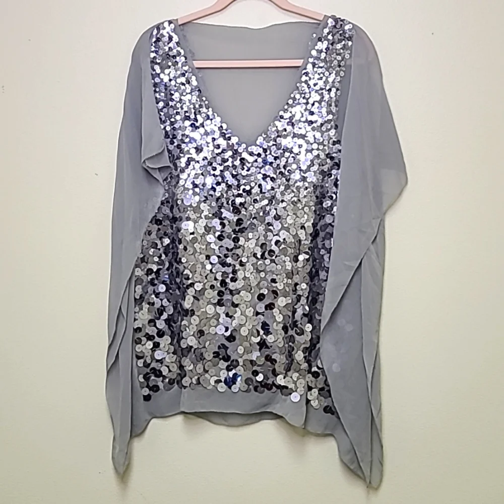 $228 BCBG Silver Sequin Chiffon Batwing Top